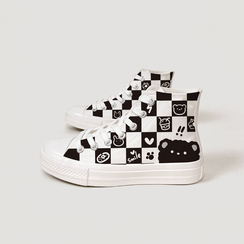 Kawaii Checkered Canvas High Top Sneakers